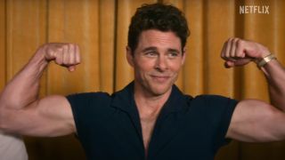 James Marsden flexes his muscles as Jack LaLanne in Unfrosted: The Pop-Tart Story.
