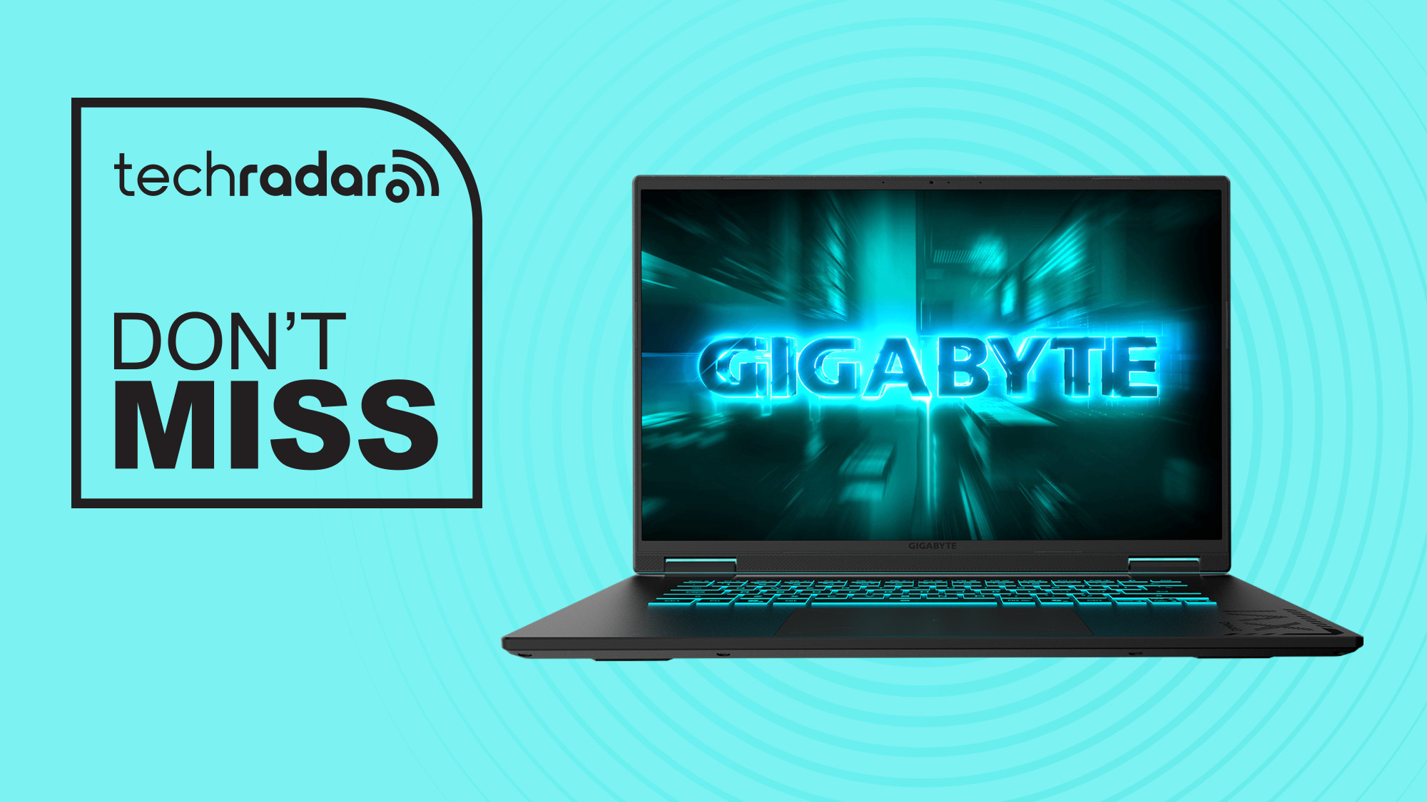 Gigabyte A16 gaming laptop on blue background with don't miss text overlay