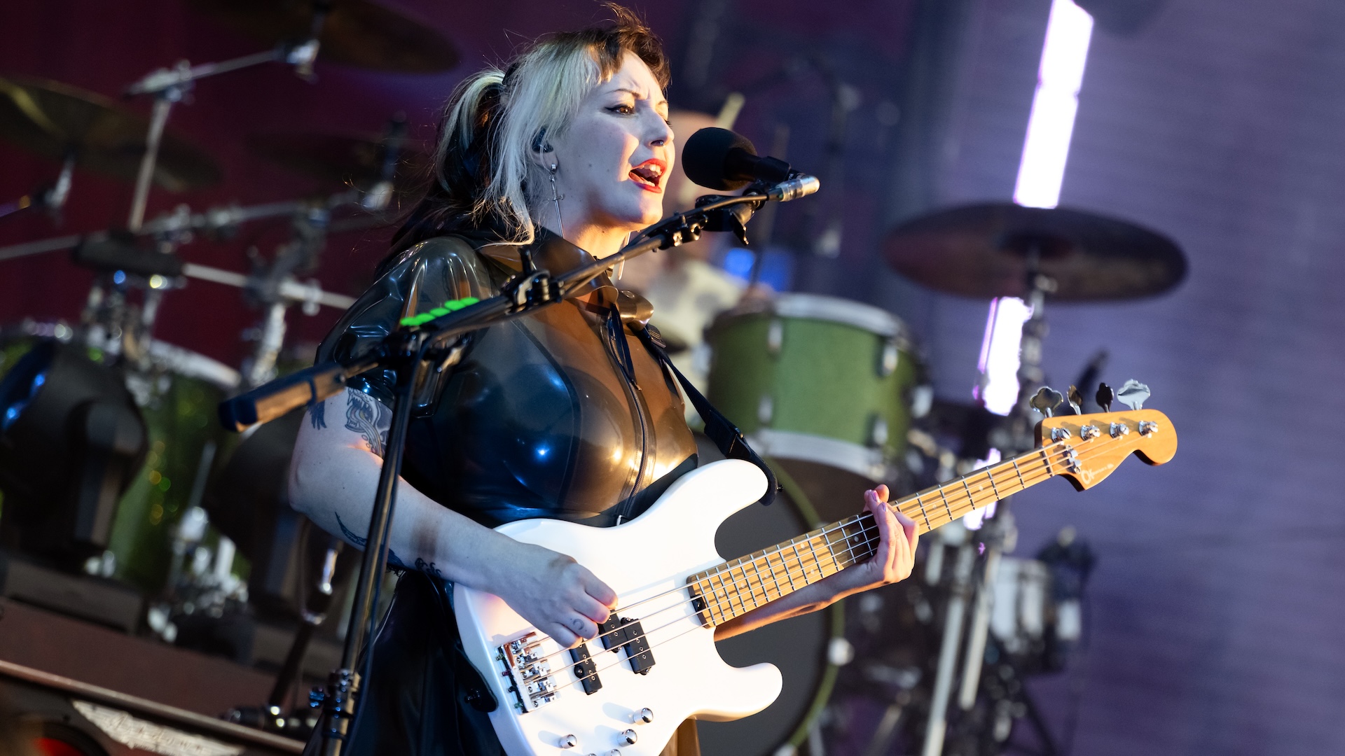 Naomi MacLeod of Biffy Clyro performs at Finsbury Park on July 03, 2026 in London, England.