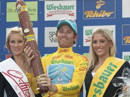 Fredrik Kessiakoff (Astana) get the salami and the yellow jersey