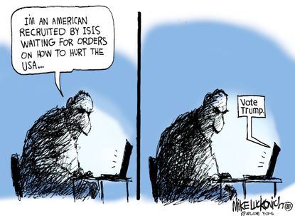 Editorial cartoon U.S. America recruited by ISIS to vote for Donald Trump