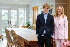 A comp image of a kitchen with a large wooden table with an insert of Josh Widdicombe and Rose Hanson (R)