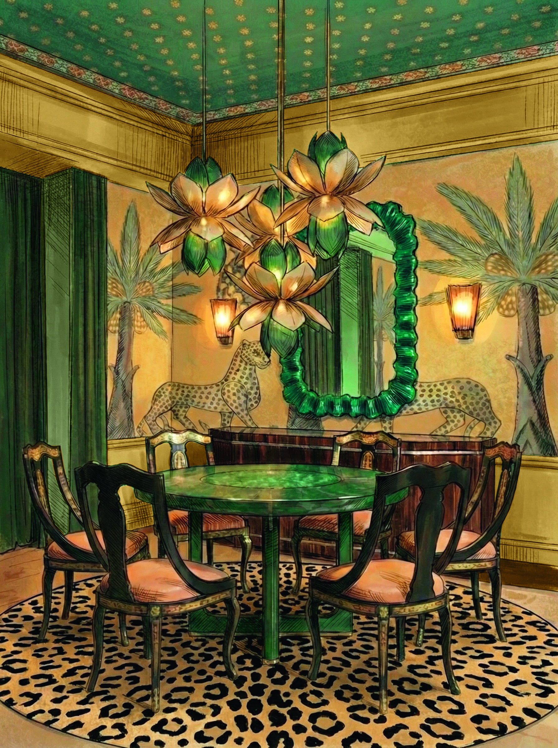 A sketch of a maximalist living room decorated with leopard-print rugs and murals, an emerald green table, mirror, ceiling, curtains, and pendant lights shaped like flowers, and antique wooden chairs.