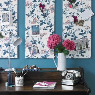 blue office with floral wall panels and lamps