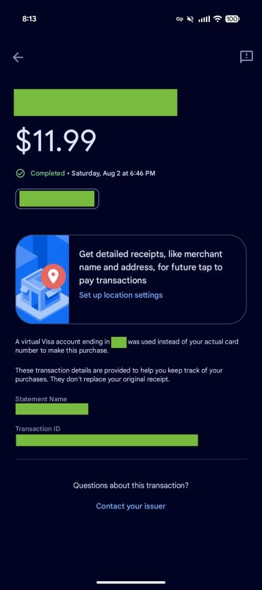 Google Wallet receipt showing a location permission alert