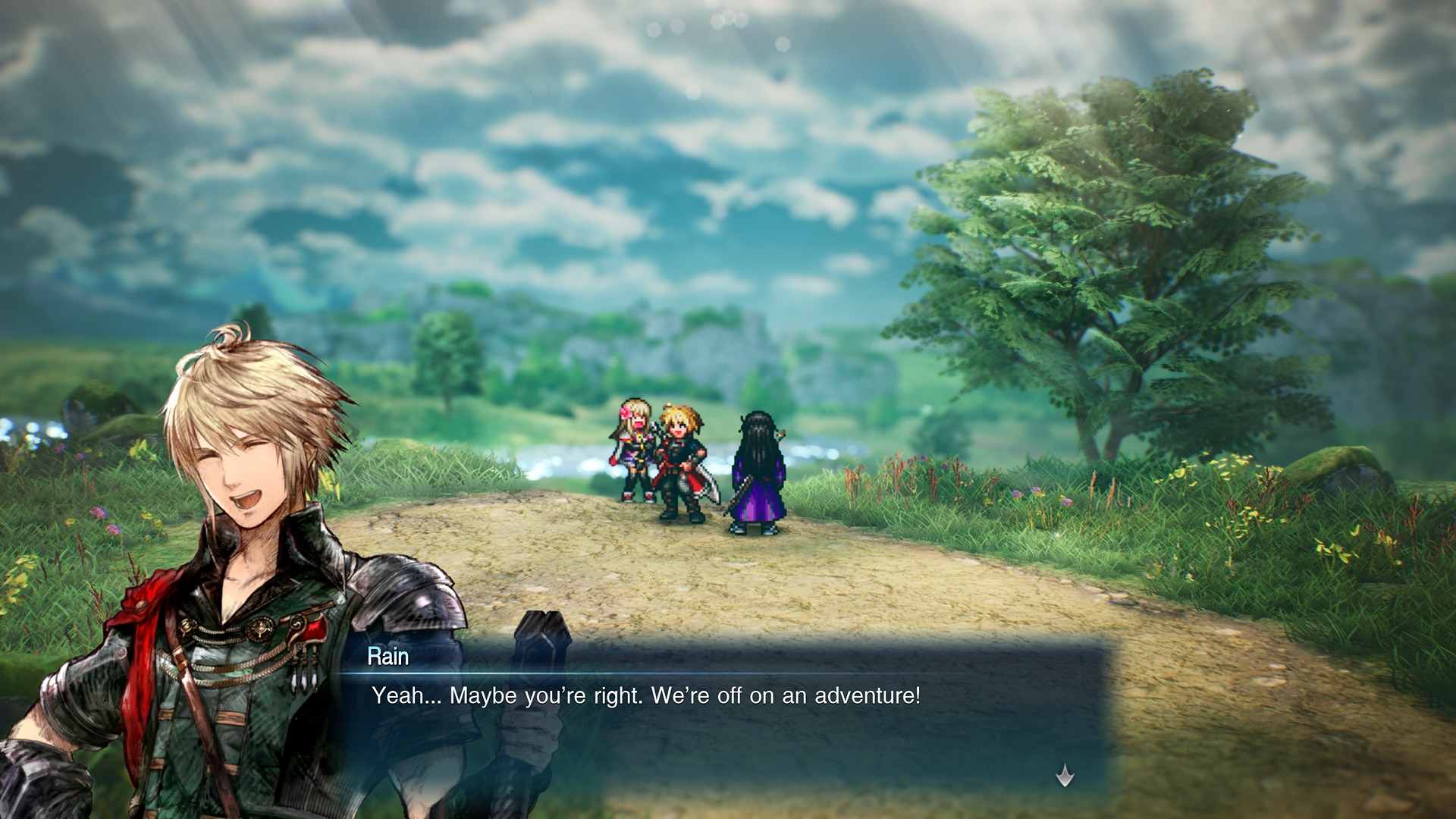 Three fantasy adventurers in a grassy plain prepare to happily embark on an epic adventure to save the world.