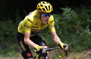 Jonas Vingegaard wearing the overall leaders yellow jersey during stage 16 of the Tour de France 2022