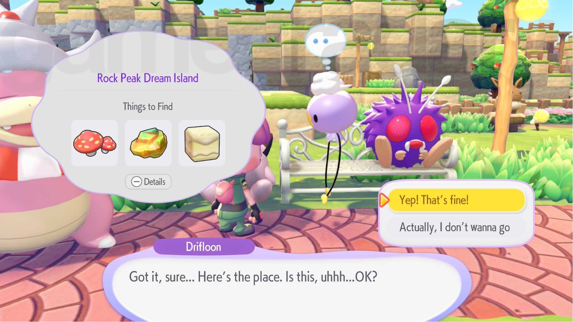 Drifloon shows Ditto the resources available at the Rock Peak Pokopia Dream Island.