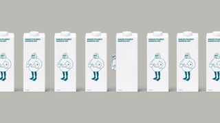 Drinks cartons featuring line art drawings of a woman in a duck costume