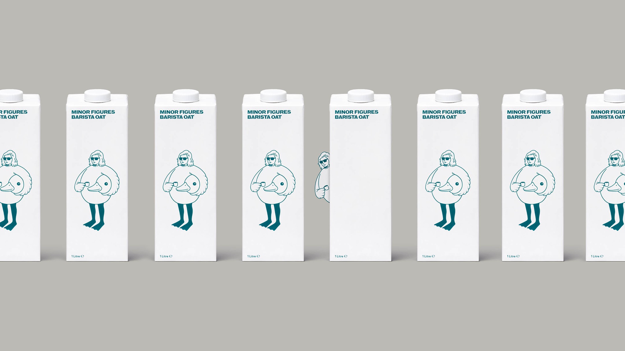 Drinks cartons featuring line art drawings of a woman in a duck costume