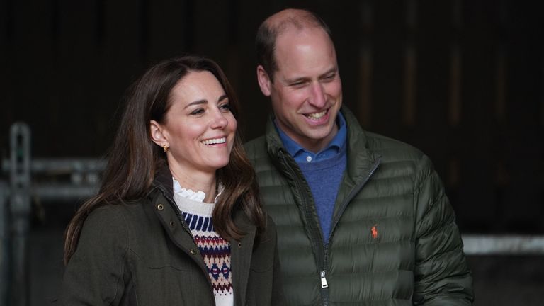 Catherine, Duchess of Cambridge and Prince William, Duke of Cambridge smile during a royal visit to Manor Farm in Little Stainton, Durham on April 27, 2021
