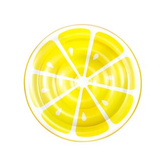 A circular pool floatie with a lemon design