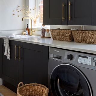 White kitchen with grey cabinets and fitted washing machine
