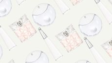 A collage of Issey Miyake perfumes, including L'eau d'Issey Intense, Lumiere d'Issey and A Drop d'Issey, arranged in a repeated, diagonal line pattern over a cream background