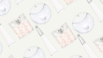 A collage of Issey Miyake perfumes, including L'eau d'Issey Intense, Lumiere d'Issey and A Drop d'Issey, arranged in a repeated, diagonal line pattern over a cream background