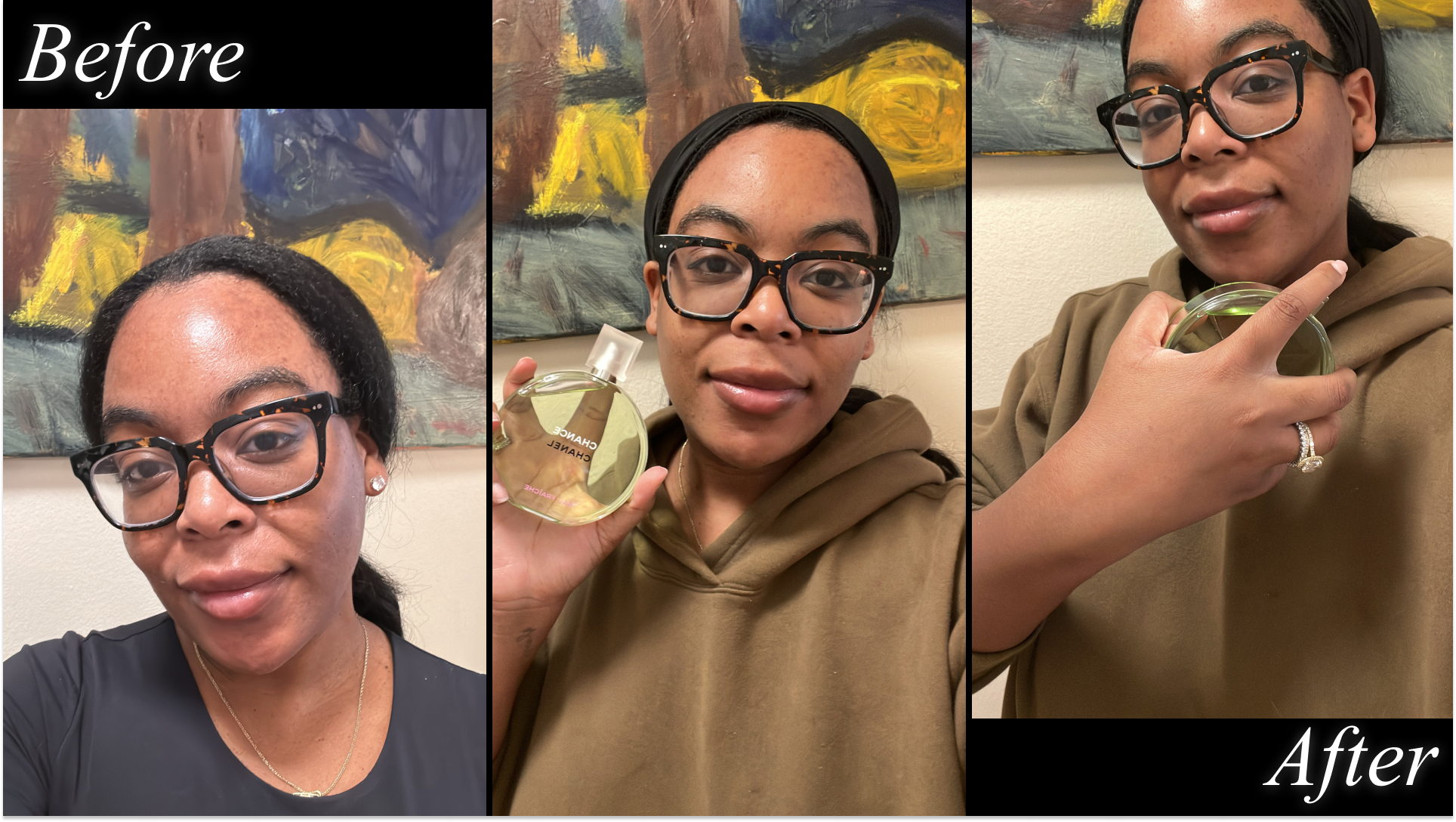 Ariel Baker testing Chanel Chance Eau Fraîche Eau de Parfum Spray.