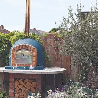 A garden with a pizza oven and an olive tree