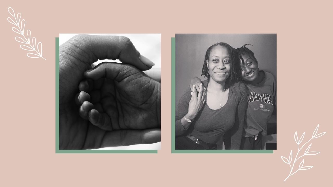 Laurie O&#039;Garro, a conscious parent, photographed with her adult daughter hugging each other and smiling. This photo is next to a close up photo of a baby and adult hands clasped together 