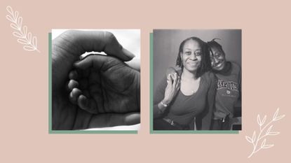 Laurie O'Garro, a conscious parent, photographed with her adult daughter hugging each other and smiling. This photo is next to a close up photo of a baby and adult hands clasped together 
