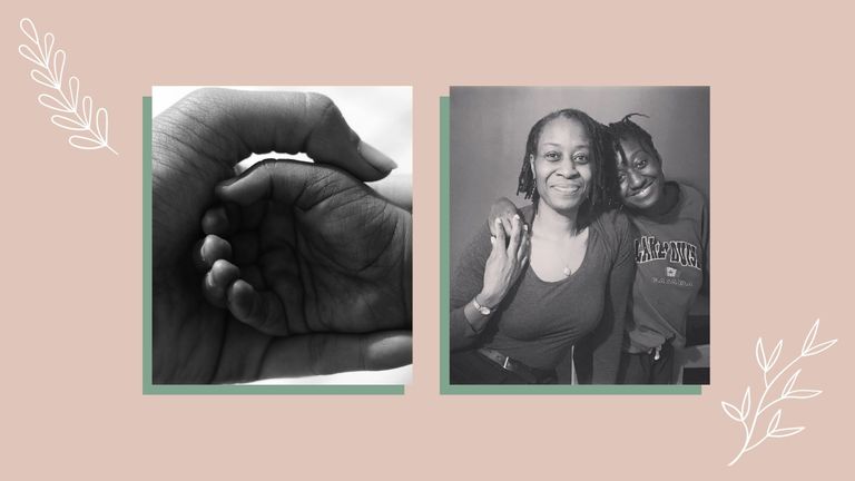 Laurie O'Garro, a conscious parent, photographed with her adult daughter hugging each other and smiling. This photo is next to a close up photo of a baby and adult hands clasped together