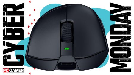 Razer gaming mouse on a blue Cyber Monday background.
