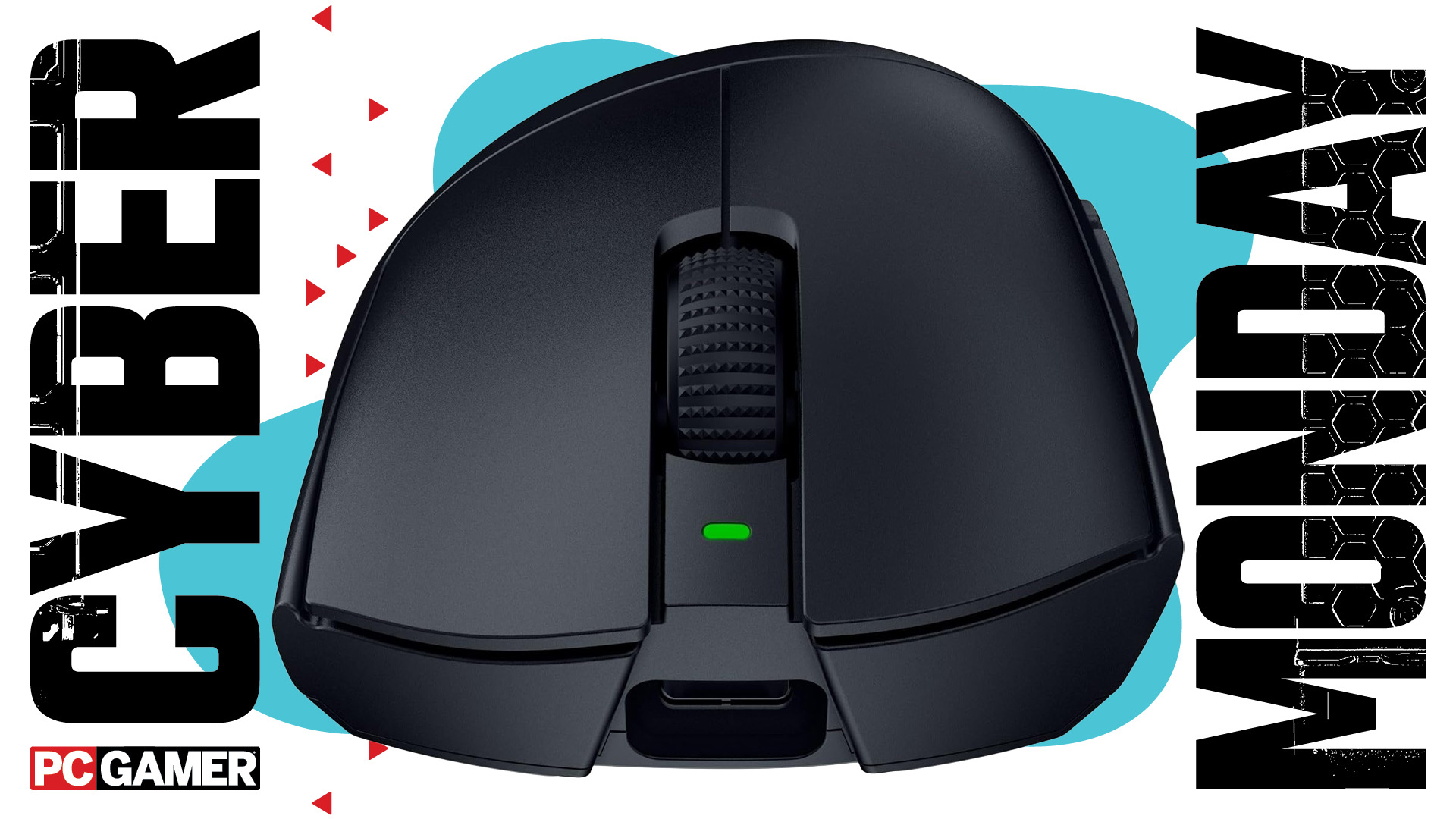 Razer gaming mouse on a blue Cyber Monday background.