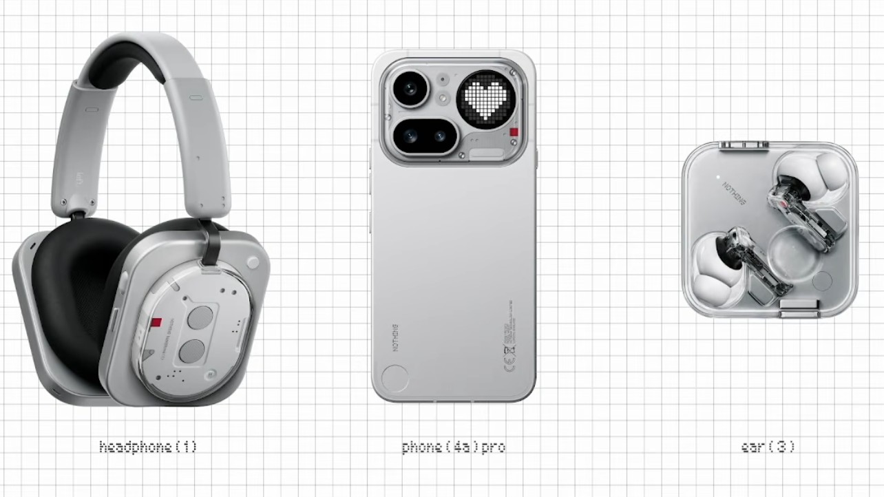 A product lineup on a grid background features the over-ear Headphone (1), the Phone (4a) Pro with a heart-shaped pixel icon, and the transparent Ear (3) wireless earbuds.