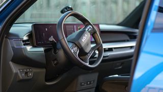 Closeup of steering wheel on Kia EV9.