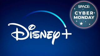 Disney plus logo and cyber monday badge on blue background