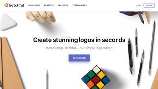Best free logo designer: Shopify Hatchful homepage featuring pens on table