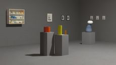 Colourful ceramic vessels on plinths, and artworks on walls, in Mutina ceramics exhibition