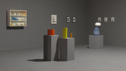 Colourful ceramic vessels on plinths, and artworks on walls, in Mutina ceramics exhibition