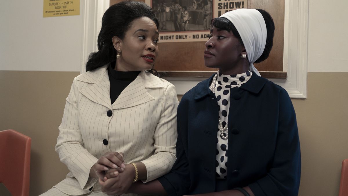 Coretta Scott King played by Weruche Opia and Betty Shabazz played by Jayme Lawson sitting next to each other in Genius: MLK/X