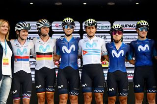 Sara Martin (4-L) with Movistar teammates at a race in Italy in 2023