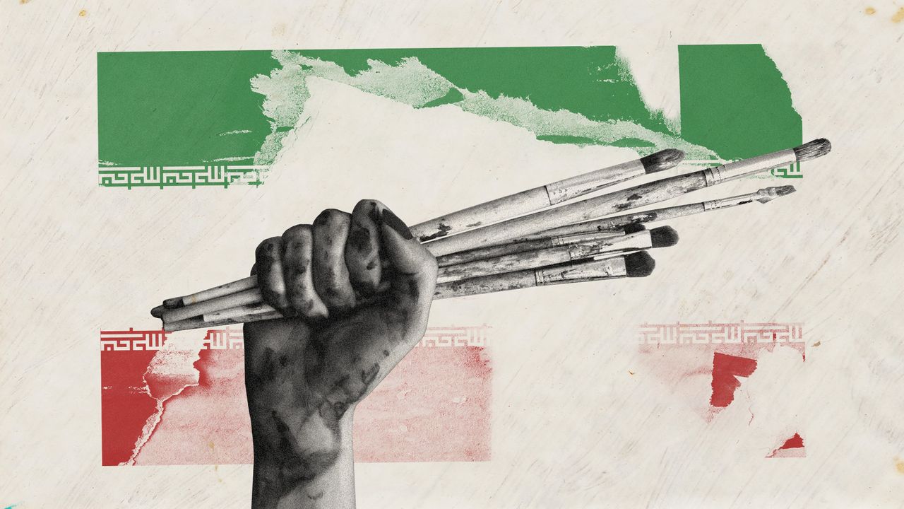 Photo collage of a woman&#039;s raised fist, holding a bundle of paint brushes. In the background, there is a ripped screen print of the Iranian flag.