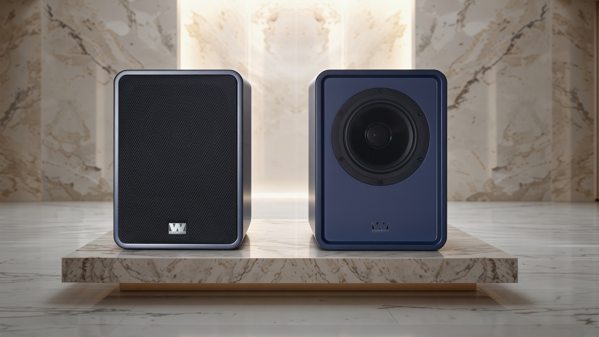 Wharfedale Denton 1S speakers in blue on some kind of marble plinth