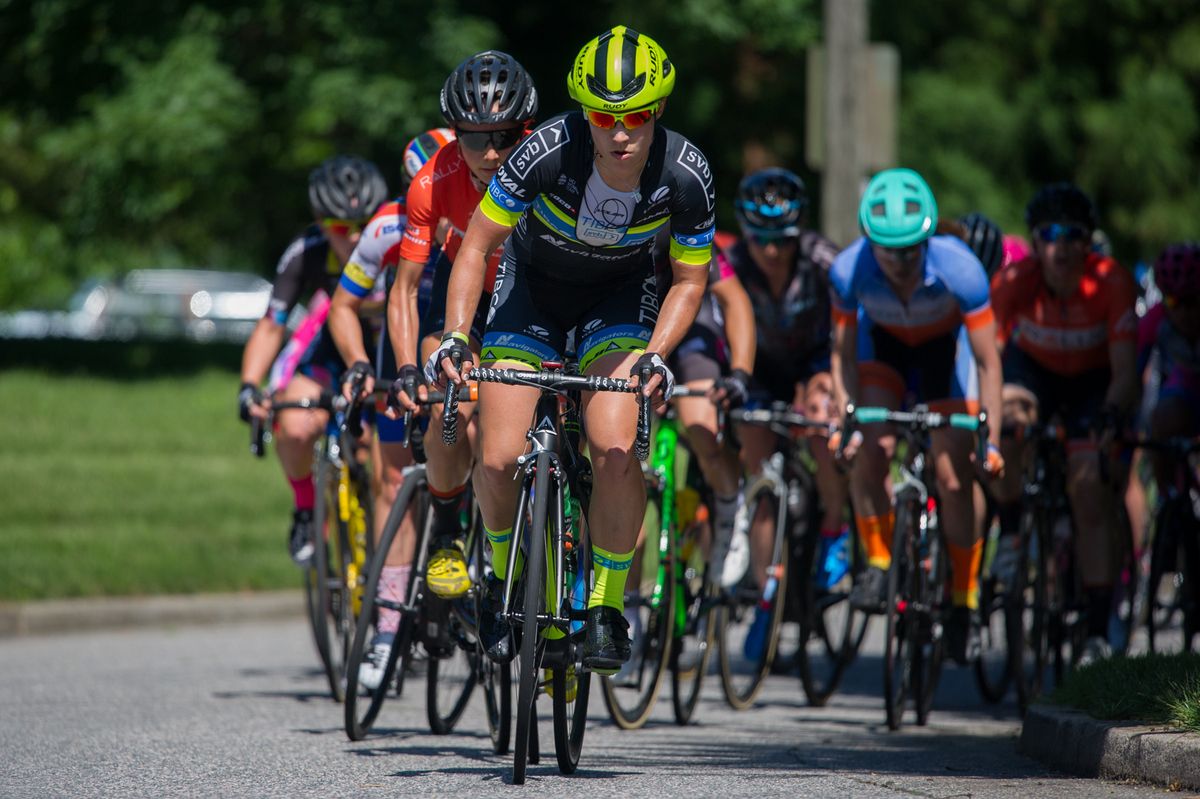 Brianna Walle (TIBCO) leads the field on the climb