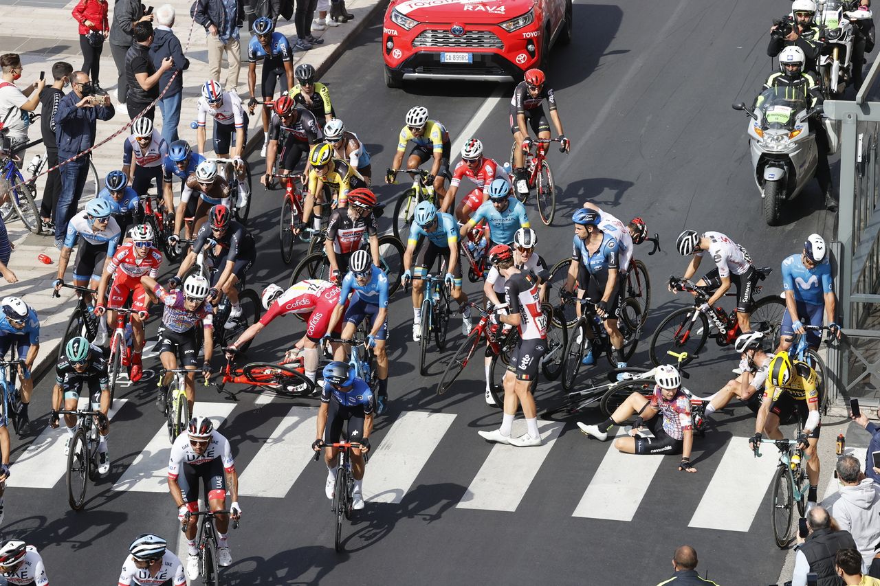 Giro dItalia 2020 103th Edition 7th stage Matera Brindisi 143km 09102020 Crash photo Luca BettiniBettiniPhoto2020