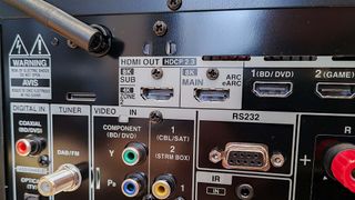 Close up of HDMI ports on Onkyo TX-NR7100 AV receiver