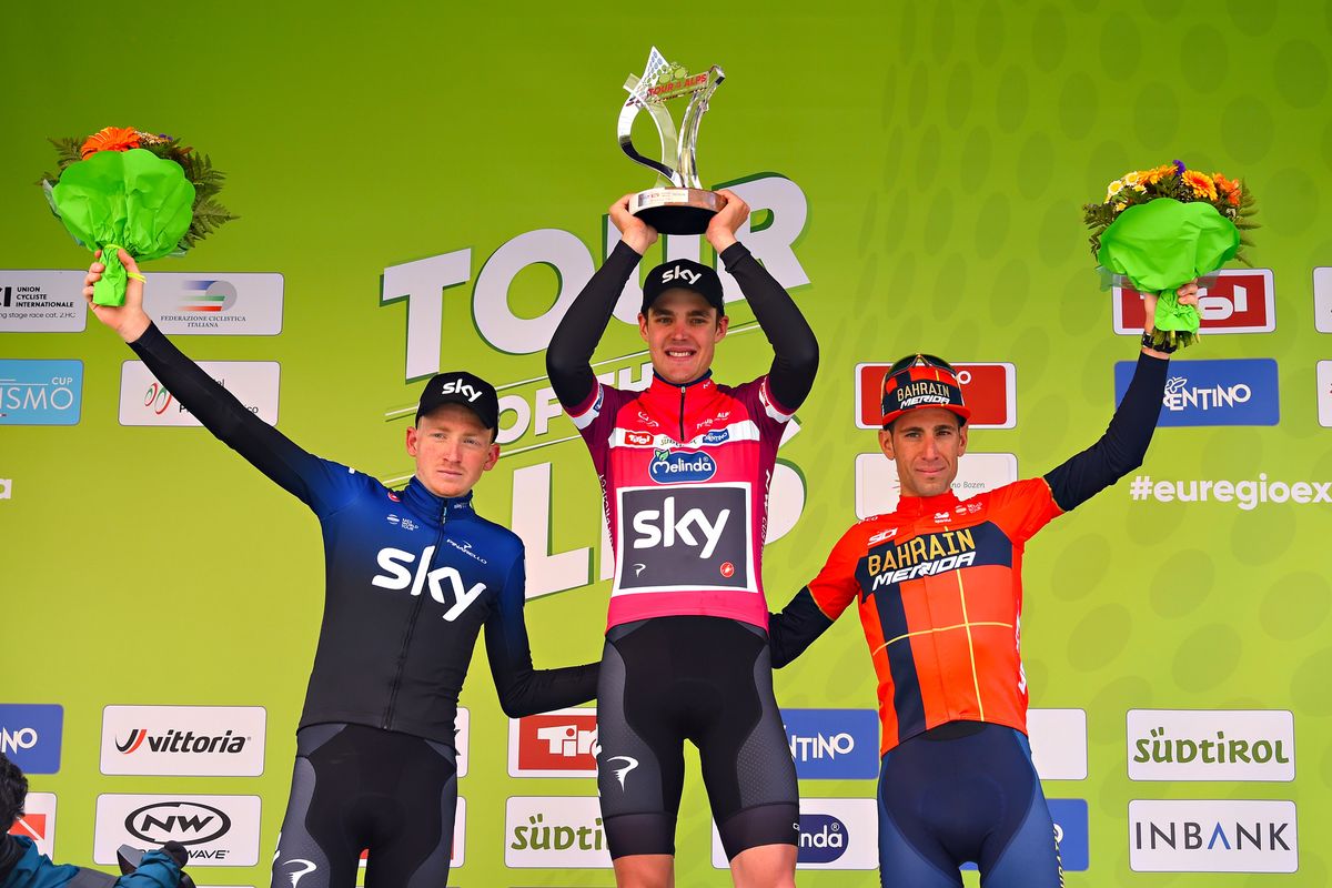 Team Sky’s Pavel Sivakov celebrates his overall victory at the 2019 Tour of the Alps from teammate Tao Geoghegan Hart and Bahrain-Merida’s Vincenzo Nibali 