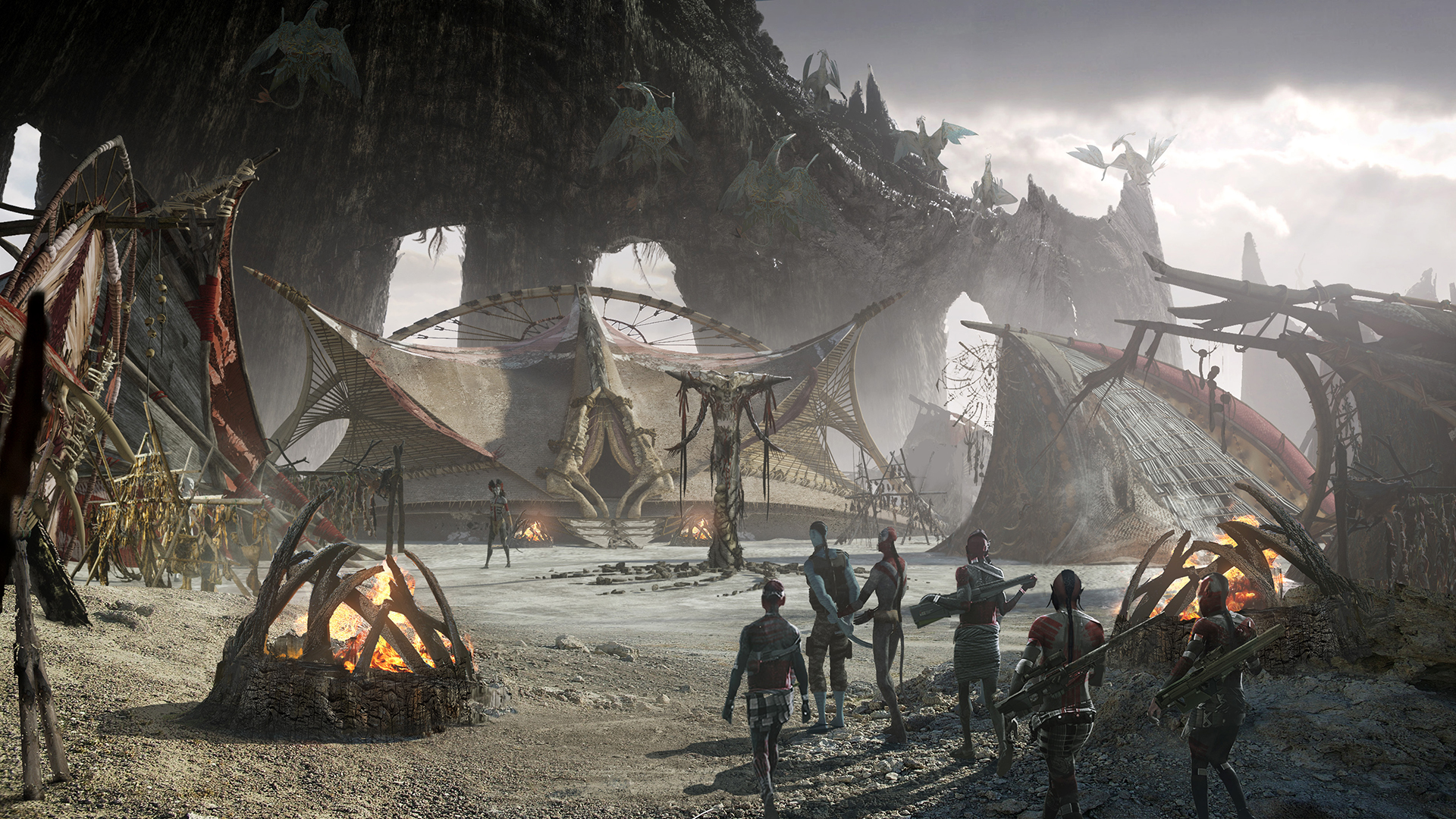 Official concept art for the movie Avatar: Fire and Ash. A group of tall, slender natives of Pandora are entering a beach camp. There is a campfire to the left, several tents scattered on the sand and a large tent in the distance.