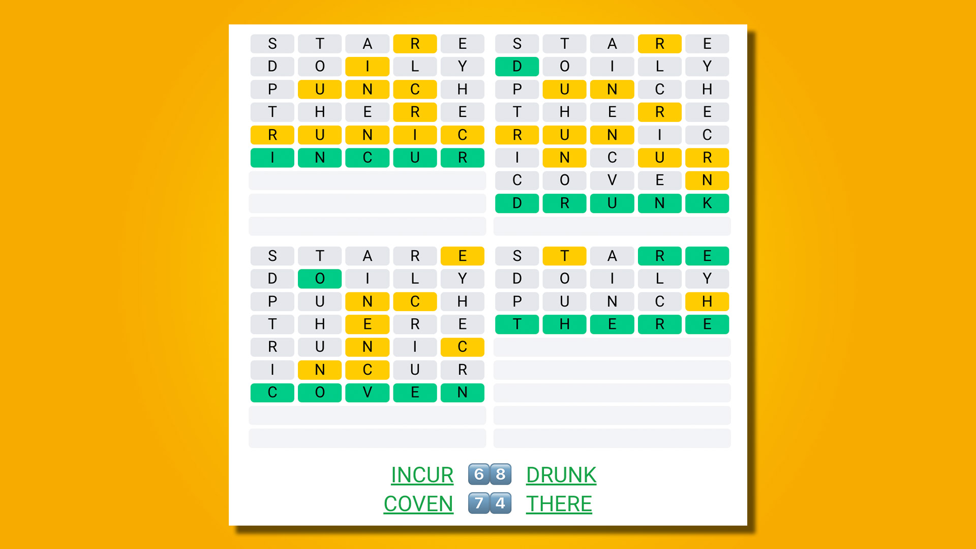 Quordle 443 answers on a yellow background