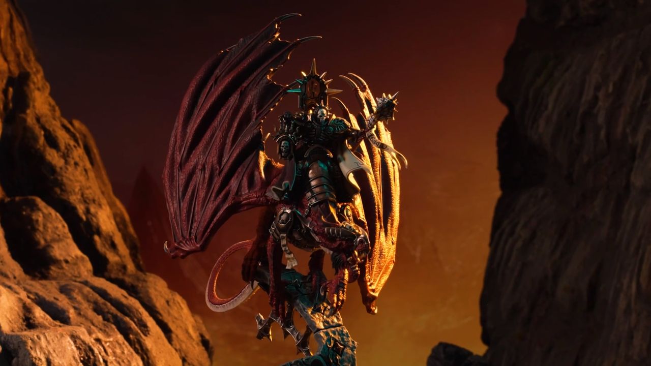 A warrior atop a dragon points his mace