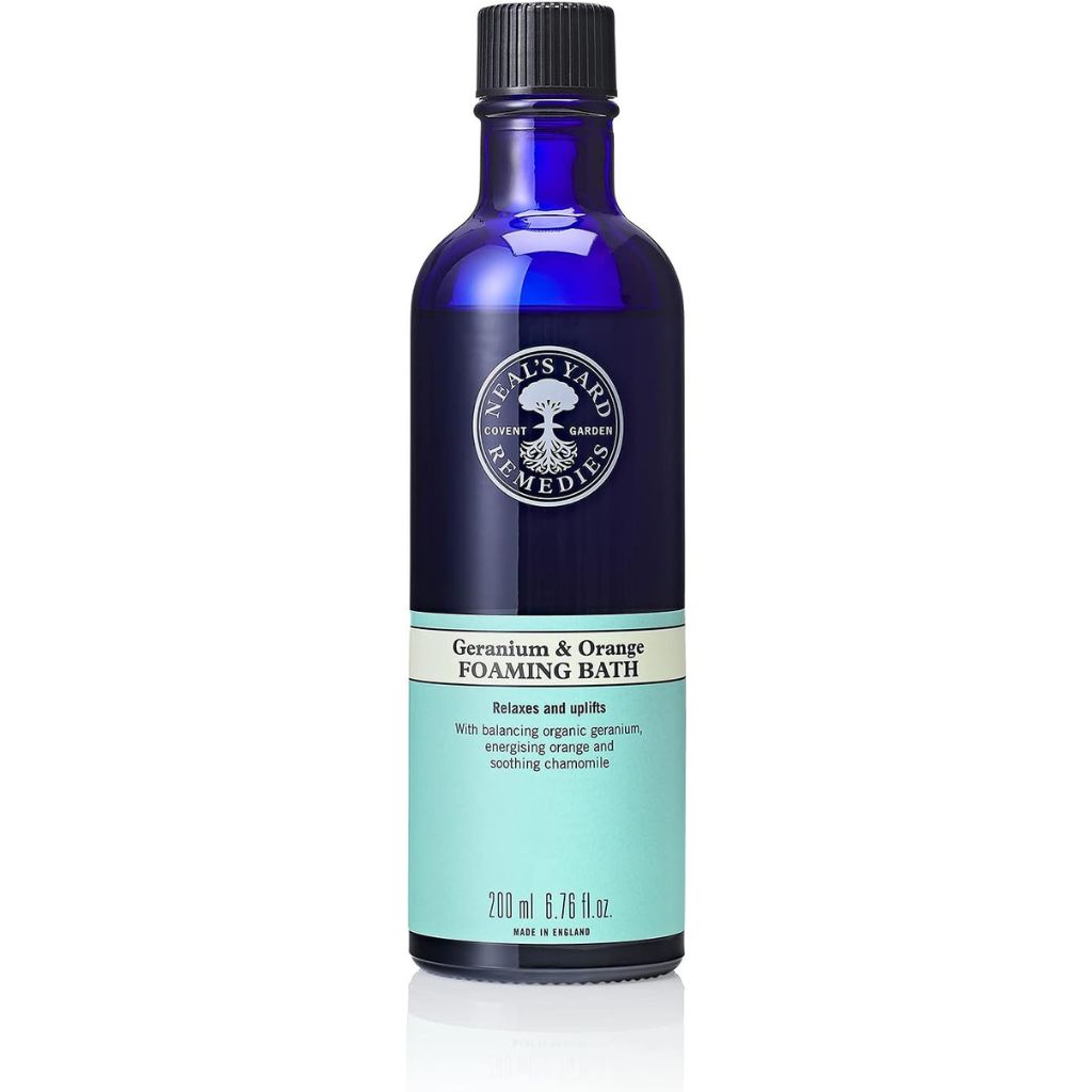 A bottle of Neal's Yard Remedies Geranium and Orange Foaming Bath