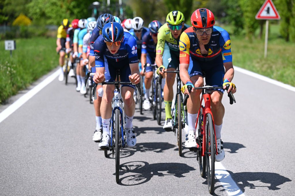 PRATI DI TIVO ITALY MAY 11 LR Lewis Askey of The United Kingdom and Team Groupama FDJ and Jasper Stuyven of Belgium and Team Lidl Trek compete during the 107th Giro dItalia 2024 Stage 8 a 152km stage from Spoleto to Prati di Tivo 1451m UCIWT on May 11 2024 in Prati di Tivo Italy Photo by Tim de WaeleGetty Images