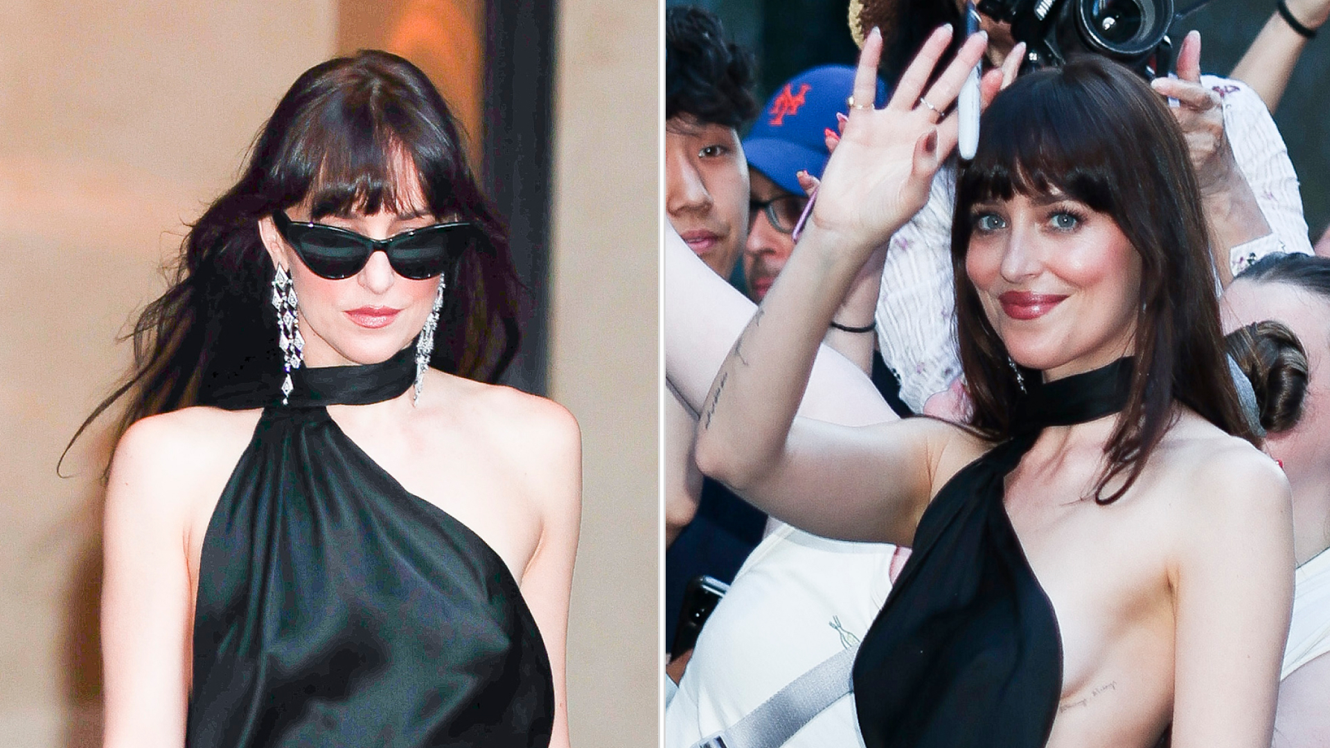 Dakota Johnson wears a black asymmetrical Gucci gown for The Materialists premiere
