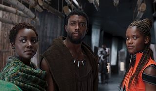 Black Panther Lupita Nyong'o Chadwick Bosemana and Letitia Wright hanging out in a corridor
