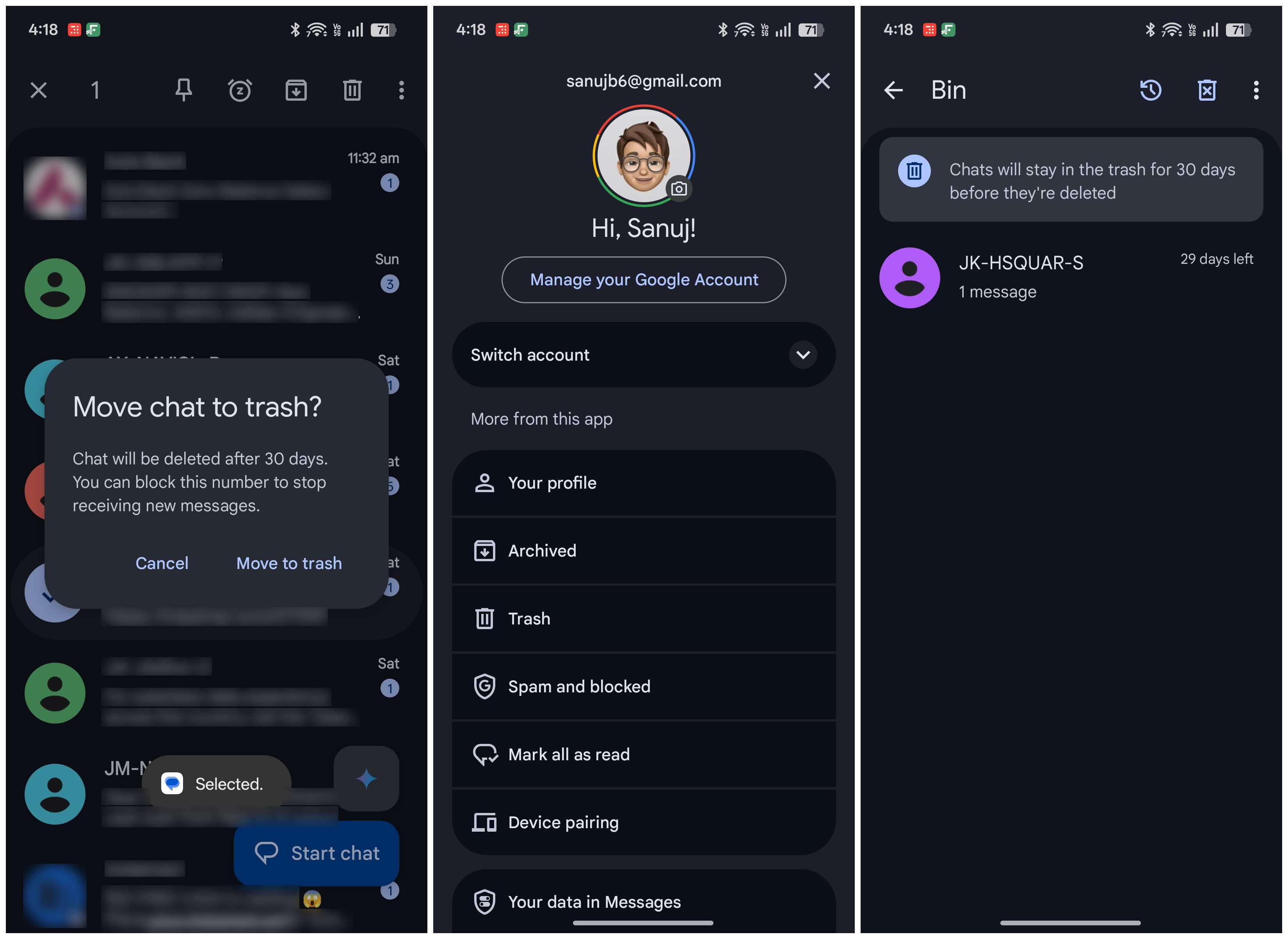 Trash feature in Google Messages app