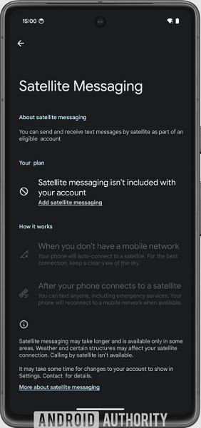 Google's latest Android 14 beta contains a page that details how its satellite-based text messaging may work.