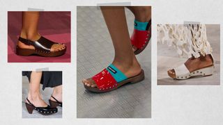 the spring 2025 shoe trend of wood clogs seen at Hermès, Rachel Comey, Miu Miu, Ulla Johnson Spring 2025 runway shows